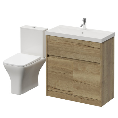 Montego Autumn Oak 800mm 2 Door 1 Drawer Vanity Unit and Kingston Toilet Suite with Rimini Basin Right Hand View