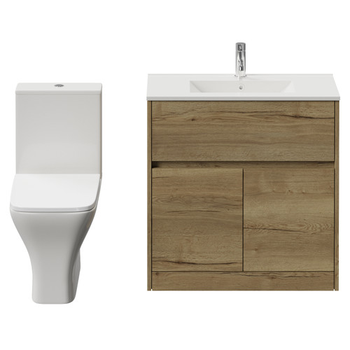 Montego Autumn Oak 800mm 2 Door 1 Drawer Vanity Unit and Kingston Toilet Suite with Angel Basin Front View
