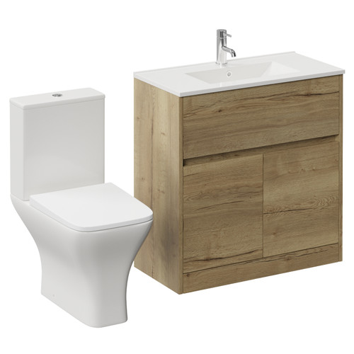 Montego Autumn Oak 800mm 2 Door 1 Drawer Vanity Unit and Kingston Toilet Suite with Angel Basin Left Hand View