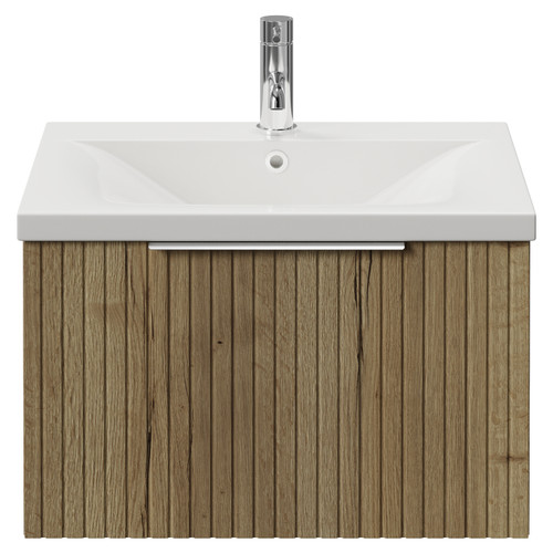 Helix 460 Fluted Autumn Oak 600mm Wall Mounted 1 Drawer Vanity Unit with Glide Basin View from Front