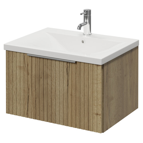 Helix 460 Fluted Autumn Oak 600mm Wall Mounted 1 Drawer Vanity Unit with Glide Basin Right Hand View