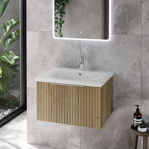 Helix 460 Fluted Autumn Oak 600mm Wall Mounted 1 Drawer Vanity Unit with Glide Basin Lifestyle Image