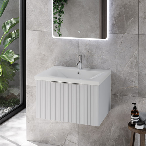 Helix 460 Fluted Satin White 600mm Wall Mounted 1 Drawer Vanity Unit with Glide Basin Lifestyle Image