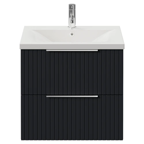 Helix 460 Fluted Satin Anthracite 600mm Wall Mounted 2 Drawer Vanity Unit with Glide Basin View from Front