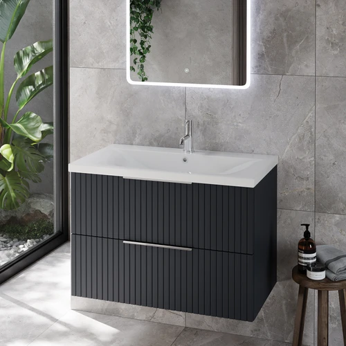 Helix 460 Fluted Satin Anthracite 600mm Wall Mounted 2 Drawer Vanity Unit with Glide Basin Lifestyle Image