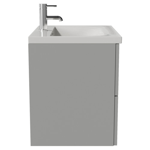 Helix 460 Fluted Pebble Grey 600mm Wall Mounted 2 Drawer Vanity Unit with Glide Basin Side View