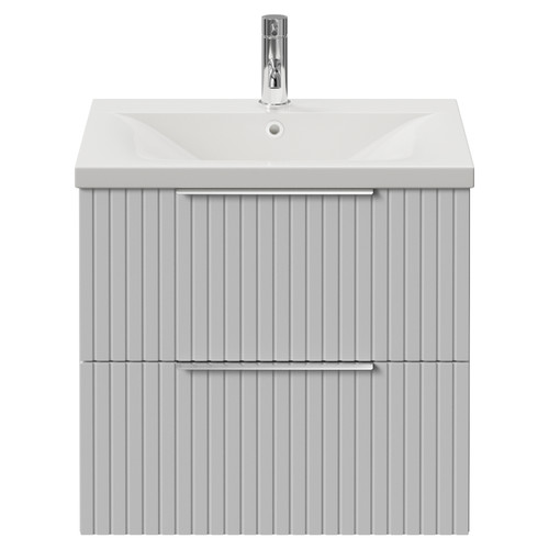 Helix 460 Fluted Satin White 600mm Wall Mounted 2 Drawer Vanity Unit with Glide Basin View from Front