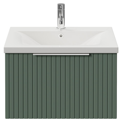 Helix 460 Fluted Satin Green 600mm Wall Mounted 1 Drawer Vanity Unit with Glide Basin View from Front