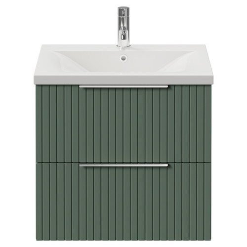 Helix 460 Fluted Satin Green 600mm Wall Mounted 2 Drawer Vanity Unit with Glide Basin View from Front