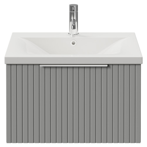 Helix 460 Fluted Pebble Grey 600mm Wall Mounted 1 Drawer Vanity Unit with Glide Basin View from Front