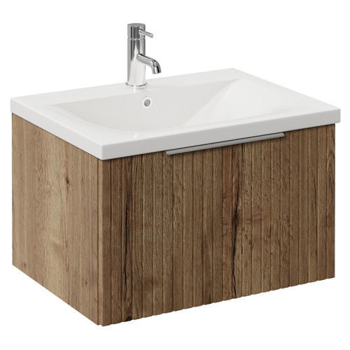 Helix 460 Fluted Tobacco Oak 600mm Wall Mounted 1 Drawer Vanity Unit with Glide Basin Left Hand View