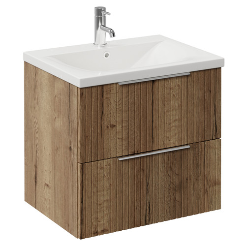 Helix 460 Fluted Tobacco Oak 600mm Wall Mounted 2 Drawer Vanity Unit with Glide Basin Left Hand View