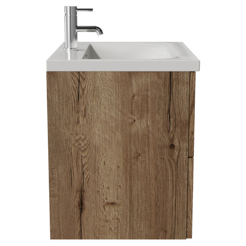 Helix 460 Fluted Tobacco Oak 600mm Wall Mounted 2 Drawer Vanity Unit with Glide Basin Side View