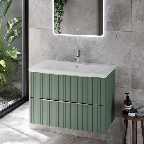 Helix 460 Fluted Satin Green 800mm Wall Mounted 2 Drawer Vanity Unit with Glide Basin Lifestyle Image