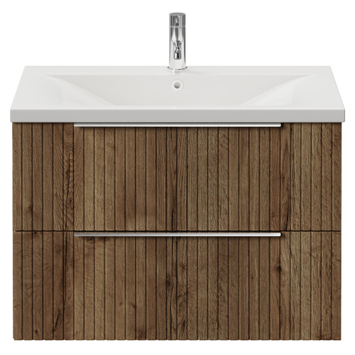 Helix 460 Fluted Tobacco Oak 800mm Wall Mounted 2 Drawer Vanity Unit with Glide Basin View from Front