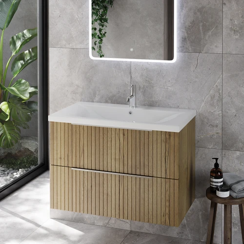 Helix 460 Fluted Autumn Oak 800mm Wall Mounted 2 Drawer Vanity Unit with Glide Basin Lifestyle Image