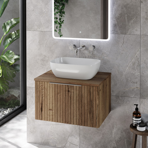 Helix 460 Fluted Tobacco Oak 600mm Wall Mounted 1 Drawer Vanity Unit for Countertop Basins Lifestyle Image