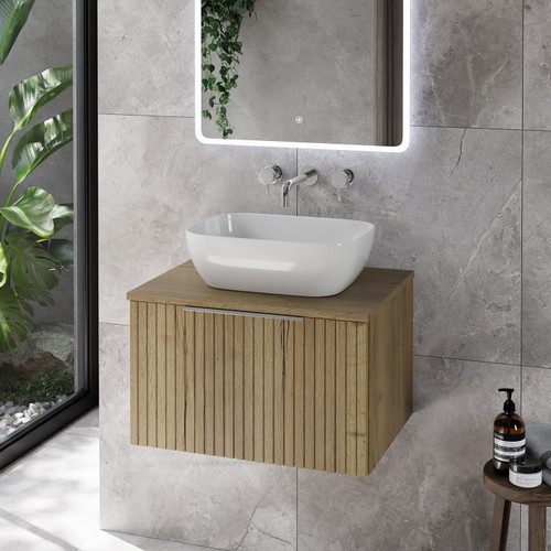 Helix 460 Fluted Autumn Oak 600mm Wall Mounted 1 Drawer Vanity Unit for Countertop Basins Lifestyle Image