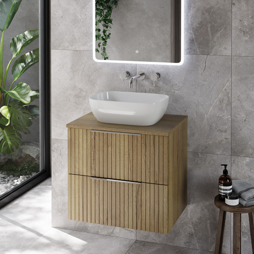 Helix 460 Fluted Autumn Oak 600mm Wall Mounted 2 Drawer Vanity Unit for Countertop Basins Lifestyle Image