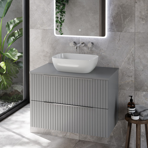 Helix 460 Fluted Pebble Grey 800mm Wall Mounted 2 Drawer Vanity Unit for Countertop Basins Lifestyle Image