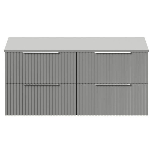 Helix 460 Fluted Pebble Grey 1200mm Wall Mounted 4 Drawer Vanity Unit for Countertop Basins View from Front
