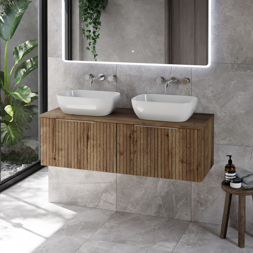 Helix 460 Fluted Tobacco Oak 1200mm Wall Mounted 2 Drawer Vanity Unit for Countertop Basins Lifestyle Image