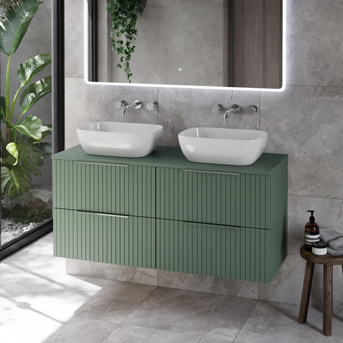 Helix 460 Fluted Satin Green 1200mm Wall Mounted 4 Drawer Vanity Unit for Countertop Basins Lifestyle Image