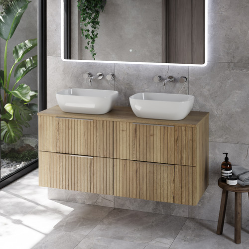 Helix 460 Fluted Autumn Oak 1200mm Wall Mounted 4 Drawer Vanity Unit for Countertop Basins Lifestyle Image