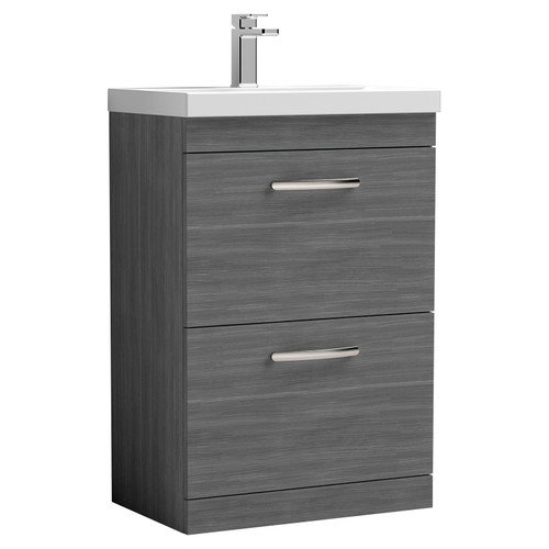 Nuie Athena Anthracite Woodgrain 600mm 2 Drawer Vanity Unit with 50mm Profile Basin - ATH032D Main Image