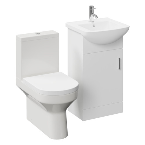 Modena Gloss White 450mm Single Door Vanity Unit and Newbury Open Back Toilet Suite Left Hand View