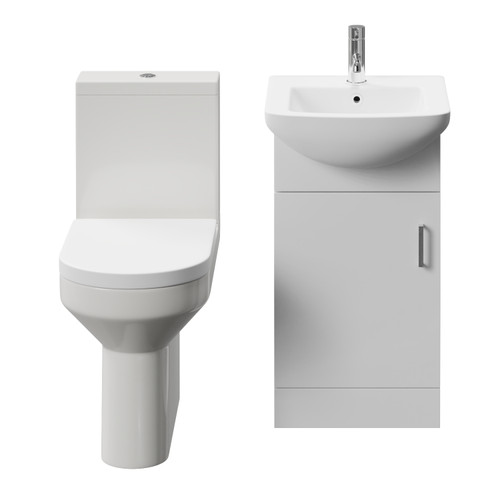 Modena Gloss White 450mm Single Door Vanity Unit and Newbury Comfort Back Toilet Suite View from Front