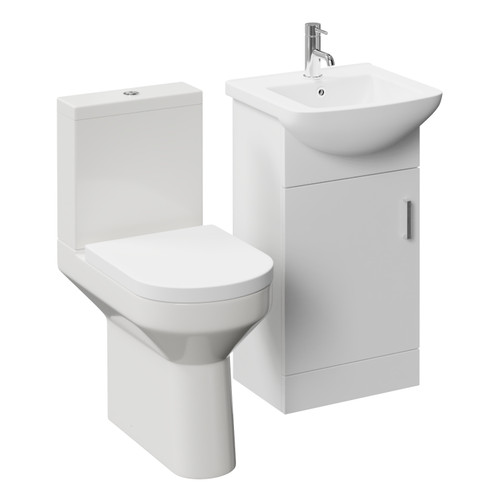 Modena Gloss White 450mm Single Door Vanity Unit and Newbury Comfort Back Toilet Suite Left Hand View