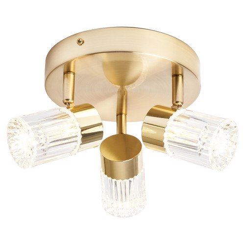 Forum Spa Bizet Satin Brass 3 Light Adjustable Spot Ceiling Plate Front View Illuminated Cool White
