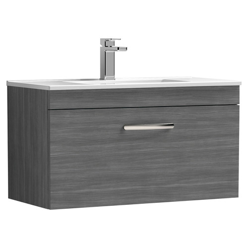 Nuie Athena Anthracite Woodgrain 800mm Wall Hung Single Drawer Vanity Unit with 18mm Profile Basin - ATH060B Main Image