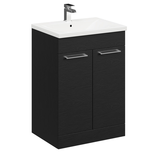 Napoli Nero Oak 600mm Floor Standing Vanity Unit with 1 Tap Hole Basin and 2 Doors with Polished Chrome Handles Left Hand View