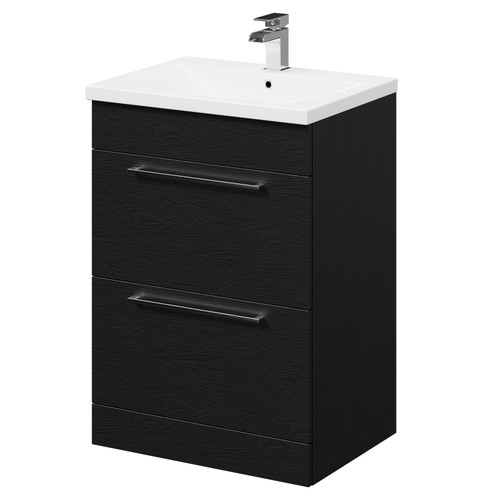 Napoli Nero Oak 600mm Floor Standing Vanity Unit with 1 Tap Hole Basin and 2 Drawers with Polished Chrome Handles Right Hand View