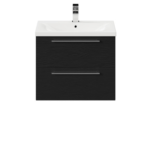 Napoli Nero Oak 600mm Wall Mounted Vanity Unit with 1 Tap Hole Basin and 2 Drawers with Polished Chrome Handles Front View
