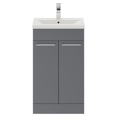 Napoli Gloss Grey 500mm Floor Standing Vanity Unit with 1 Tap Hole Basin and 2 Doors with Polished Chrome Handles Front View