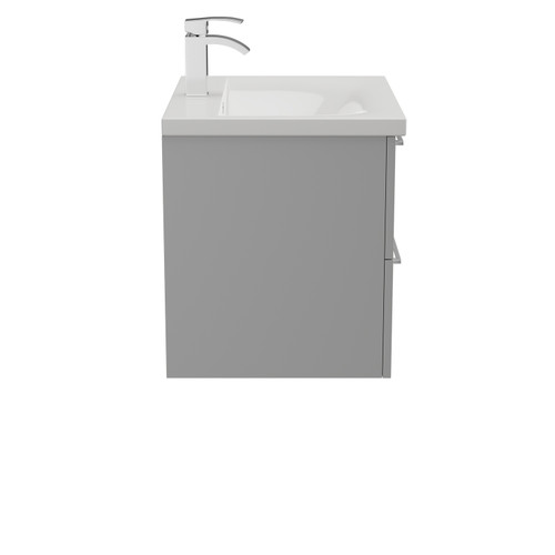 Napoli Gloss Grey Pearl 600mm Wall Mounted Vanity Unit with 1 Tap Hole Basin and 2 Drawers with Polished Chrome Handles Side on View