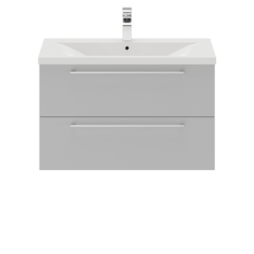 Napoli Gloss Grey Pearl 800mm Wall Mounted Vanity Unit with 1 Tap Hole Basin and 2 Drawers with Polished Chrome Handles Front View