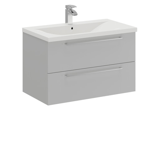 Napoli Gloss Grey Pearl 800mm Wall Mounted Vanity Unit with 1 Tap Hole Basin and 2 Drawers with Polished Chrome Handles Left Hand Side View