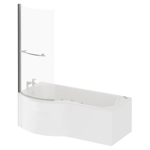 Plage 1700mm 12 Jet Chrome V-Tec Left Hand P Shaped Whirlpool Shower Bath with Towel Rail Bath Screen and Front Bath Panel Right Hand View