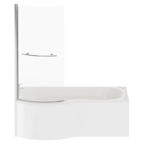 Plage 1700mm 12 Jet Chrome V-Tec Left Hand P Shaped Whirlpool Shower Bath with Towel Rail Bath Screen and Front Bath Panel Front View