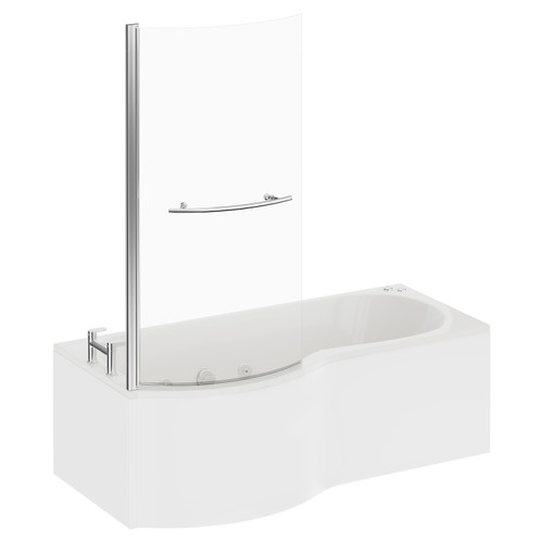 Plage 1700mm 12 Jet Chrome V-Tec Left Hand P Shaped Whirlpool Shower Bath with Towel Rail Bath Screen and Front Bath Panel Left Hand View