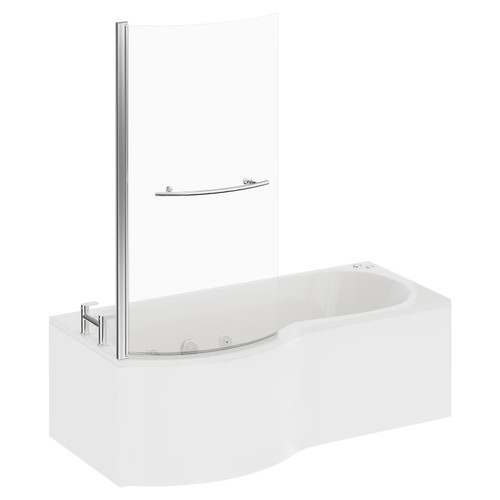 Plage 1700mm 6 Jet Chrome V-Tec Left Hand P Shaped Whirlpool Shower Bath with Towel Rail Bath Screen and Front Bath Panel Left Hand View