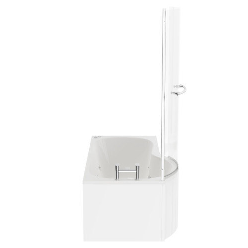 Plage 1700mm 6 Jet Chrome V-Tec Left Hand P Shaped Whirlpool Shower Bath with Towel Rail Bath Screen and Front Bath Panel Side View