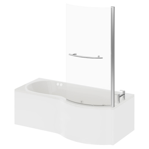 Plage 1700mm 6 Jet Chrome Flat Jet Right Hand P Shaped Whirlpool Shower Bath with Towel Rail Bath Screen and Front Bath Panel Right Hand View