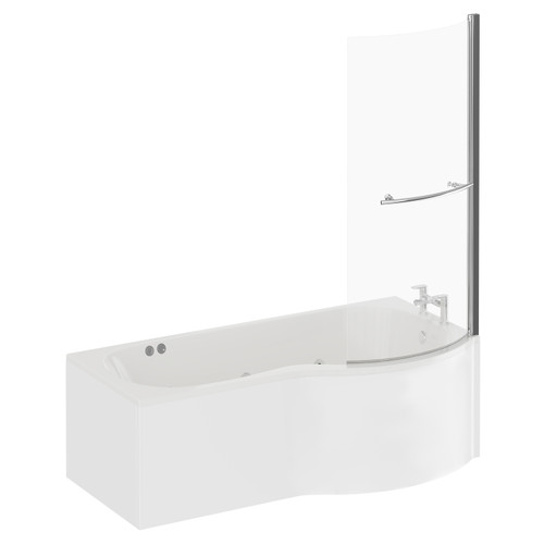 Plage 1700mm 6 Jet Chrome Flat Jet Right Hand P Shaped Whirlpool Shower Bath with Towel Rail Bath Screen and Front Bath Panel Left Hand View