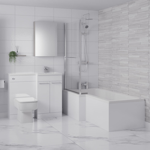 Loire 1700mm 12 Jet Chrome Easifit Left Hand L Shaped Spa Shower Bath with Towel Rail Bath Screen and Front Bath Panel Lifestyle Image