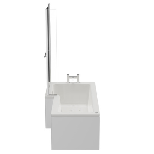 Loire 1700mm 12 Jet Chrome Easifit Left Hand L Shaped Spa Shower Bath with Towel Rail Bath Screen and Front Bath Panel Side View